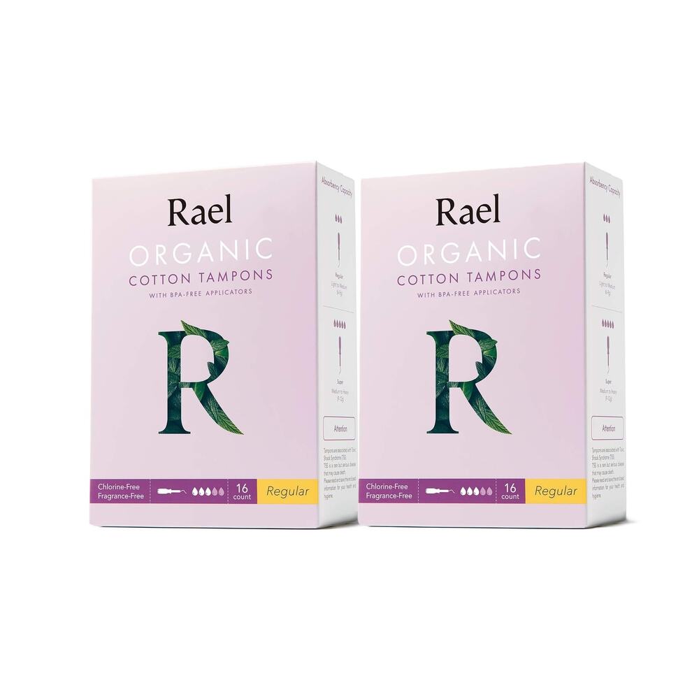 2 Pack Rael Tampons Regular Absorbency Organic Cotton BPA-Free Applicator 16 ea